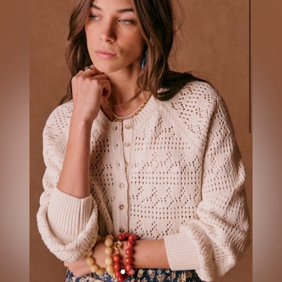 Sezane Sweaters - Sézane Capucine White Eyelet Knit Cardigan Sweater Small